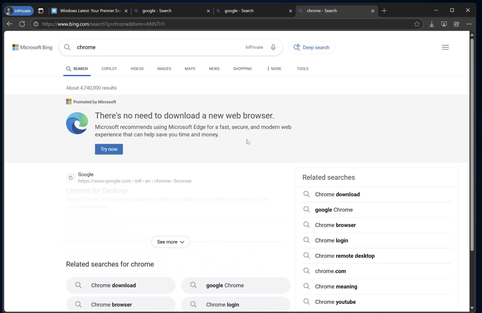 „Microsoft Edge“ „Bing“ dabar slepia „Google Chrome“ atsisiuntimo ...