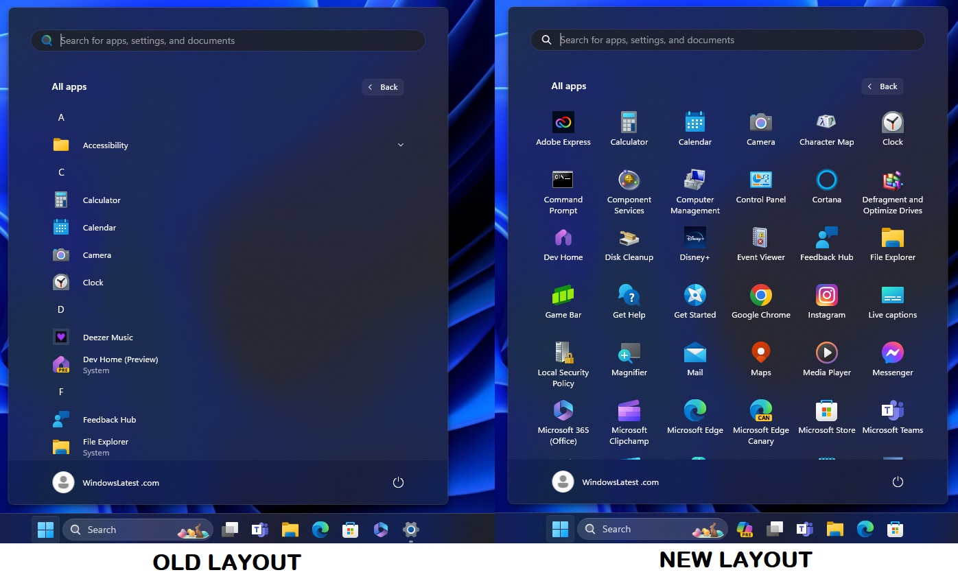 Microsoft testar en ny rutnätsdesign för Windows 11 Start-menyns Alla appar