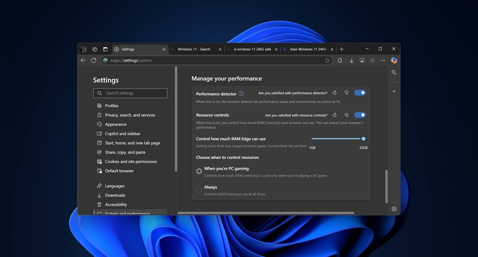 Microsoft Edge ahora le permite limitar el uso de RAM mientras juega en Windows 11