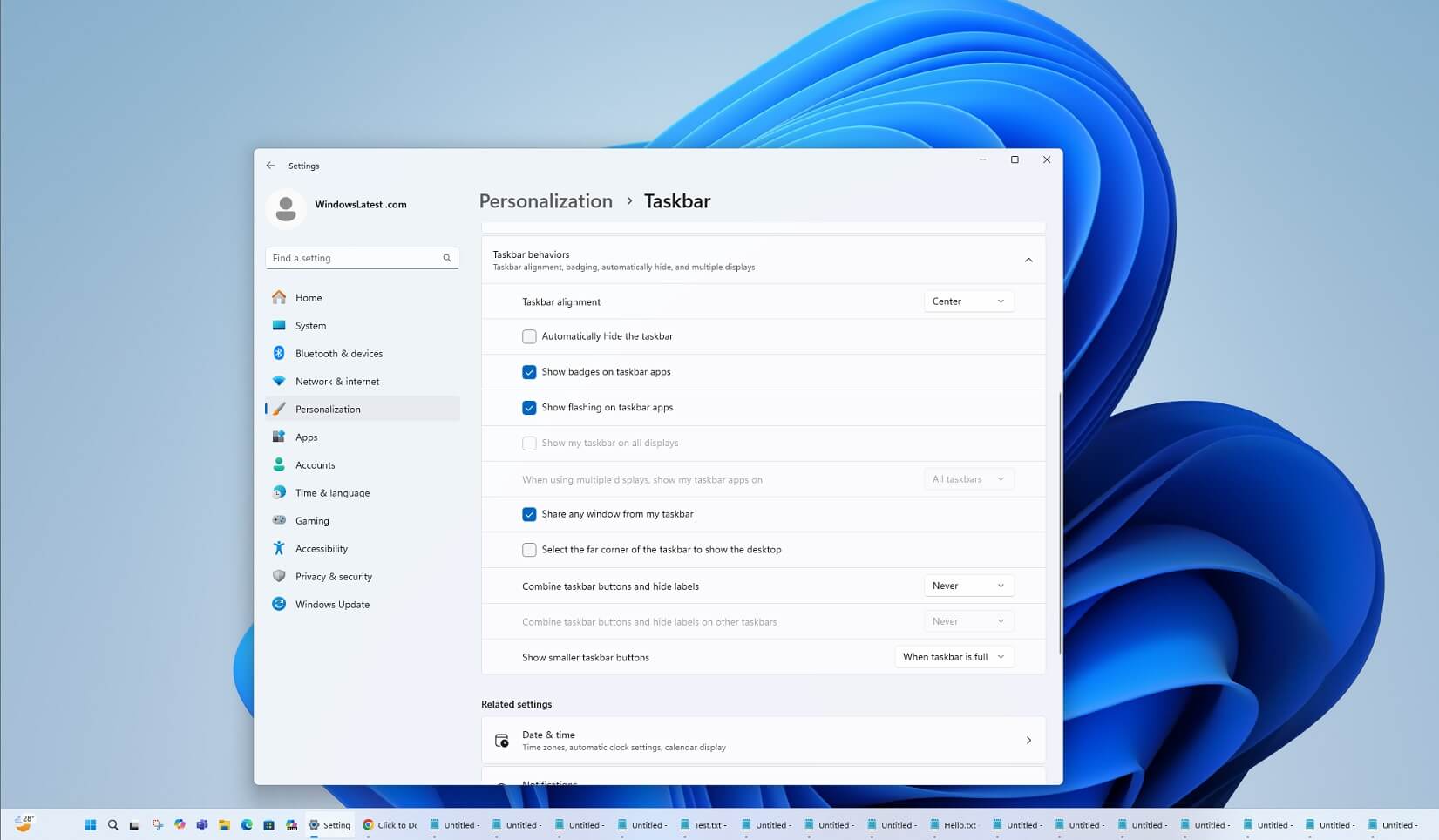 KB5055625 pruebas de Windows 11 muestran la función de botones de la barra de tareas más pequeñas