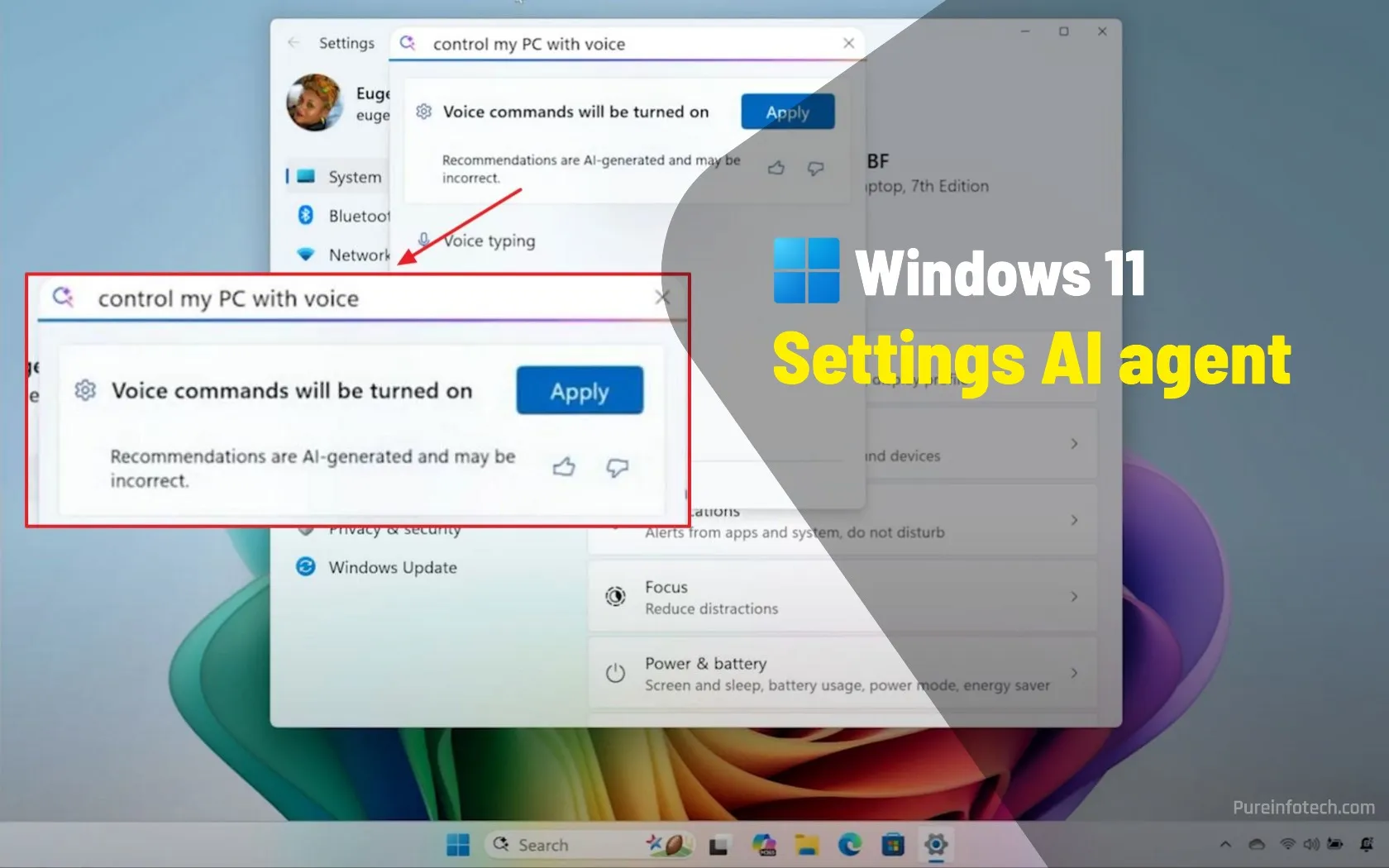 Windows 11 para agregar un agente de IA en la aplicación Configuración para cambiar las opciones para usted