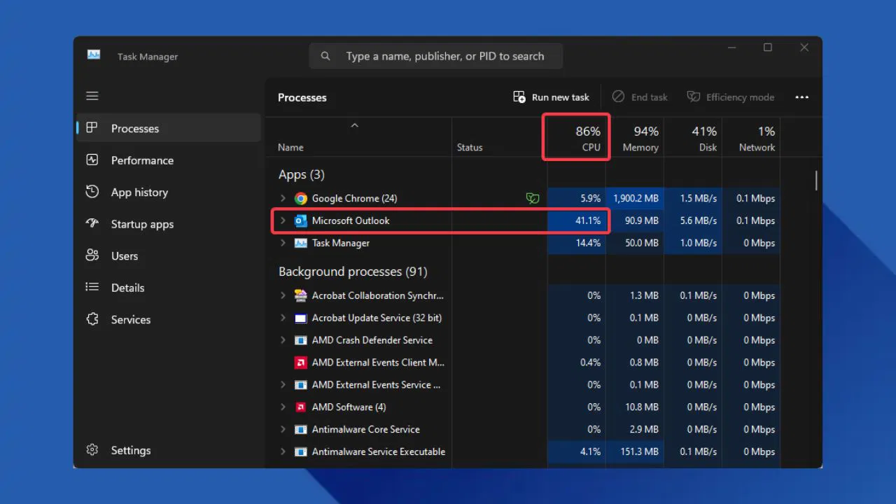 Cómo solucionar el problema de la espiga de CPU de Classic Outlook en Windows