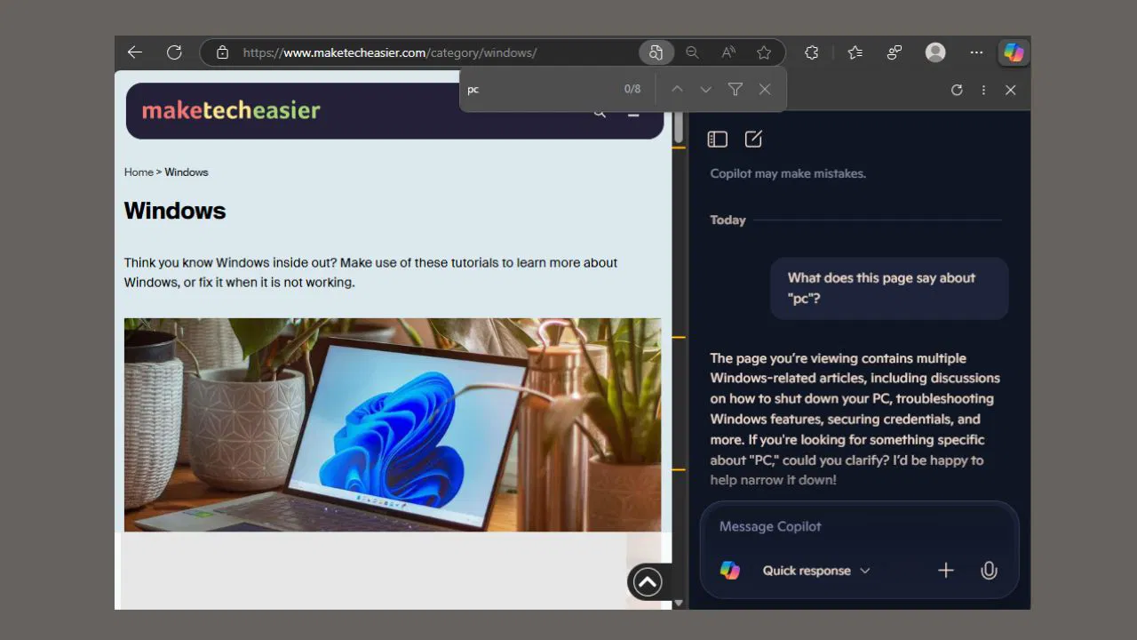 Cómo usar sugerencias de copilot en el hallazgo de Microsoft Edge en la página