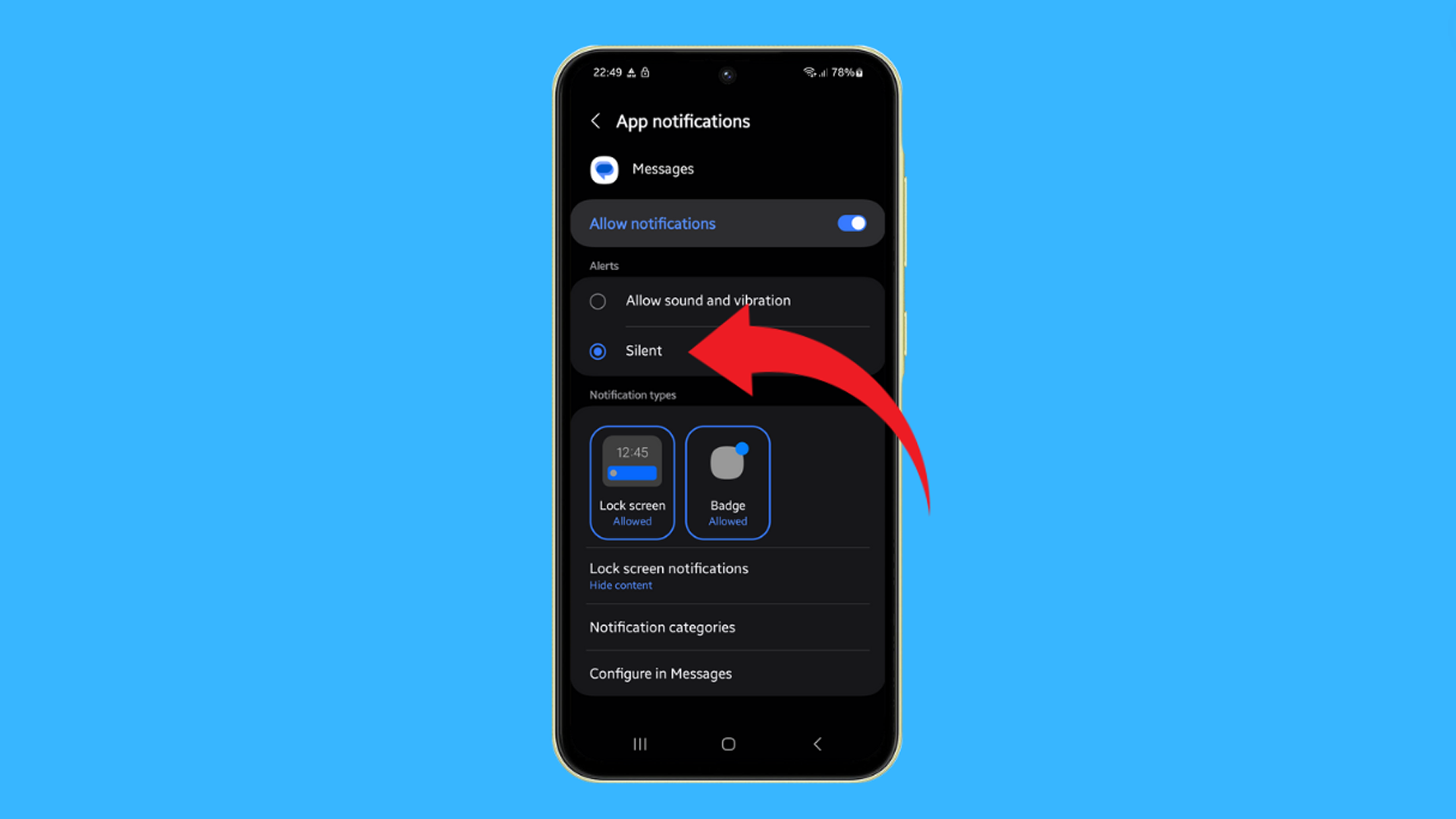 Cómo establecer las notificaciones de mensajes de texto en silencio sobre Galaxy A55