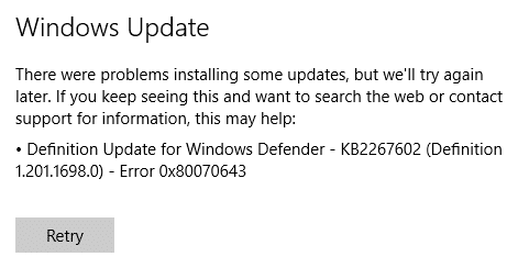 Fiks Windows Defender Update mislykkes med feil 0x80070643