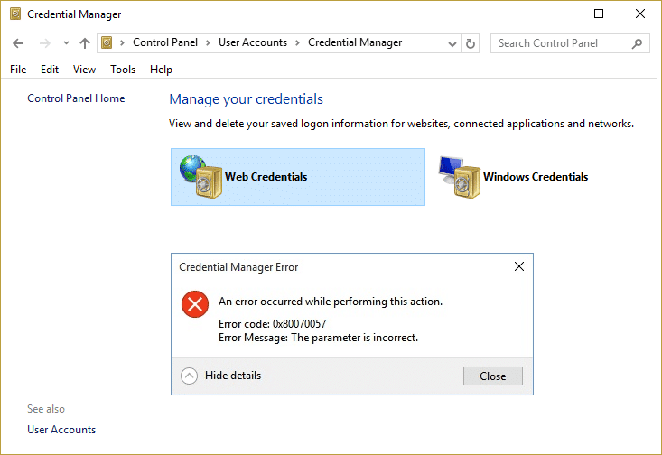 Credential Manager Error 0x80070057 Parameteren er feil [FIKSET]