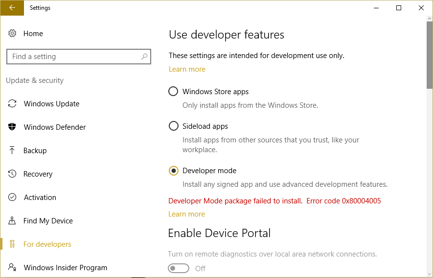 Fix Developer Mode Package Kunne ikke installere feilkode 0x80004005