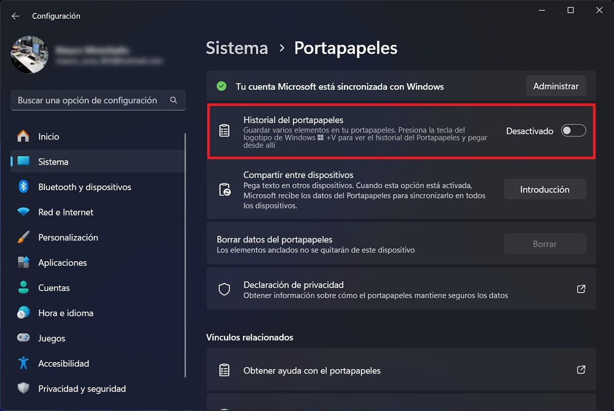 Activar el historial del portapapeles Windows 11