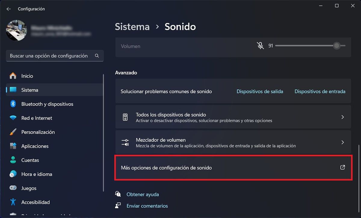 Ajustes avanzados de sonido Windows 11