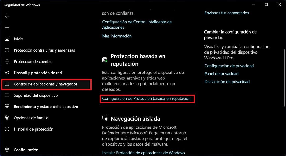 Ajustes de control de aplicaciones y navegador Windows 11