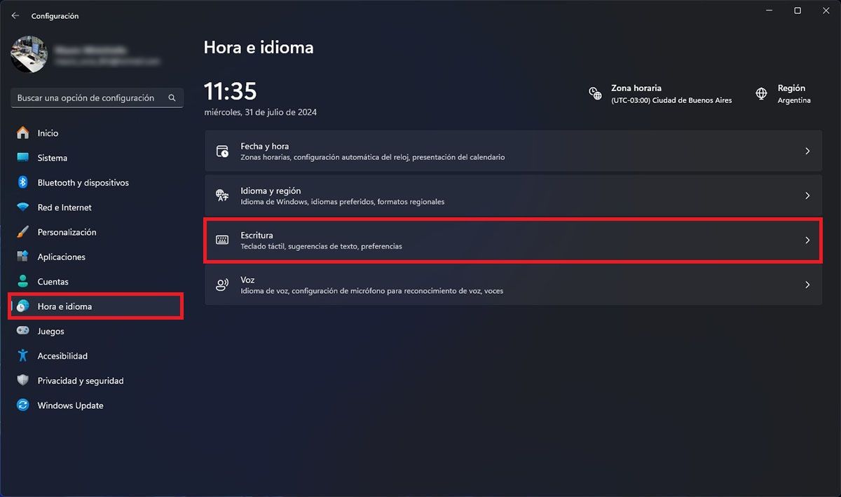 Ajustes de escritura Windows 11