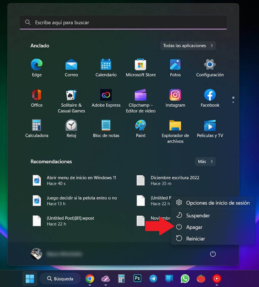 Apagar Windows 11 desde el boton de Encendido y Apagado