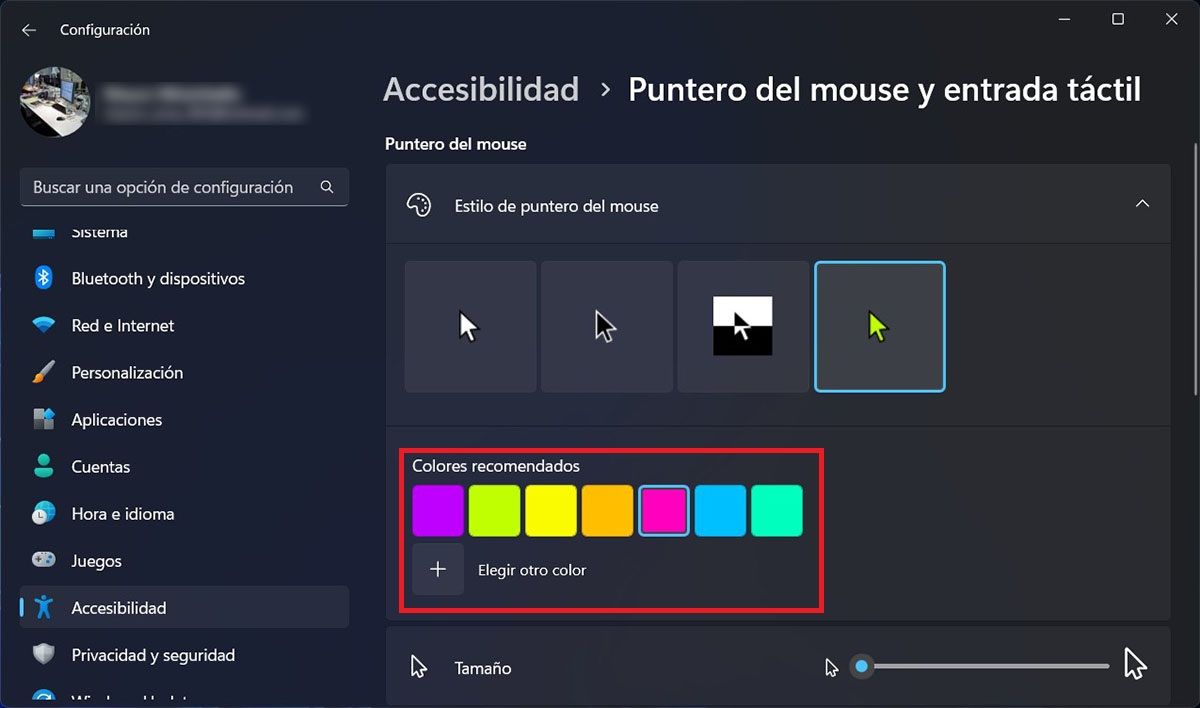 Cambiar color puntero del mouse Windows 11