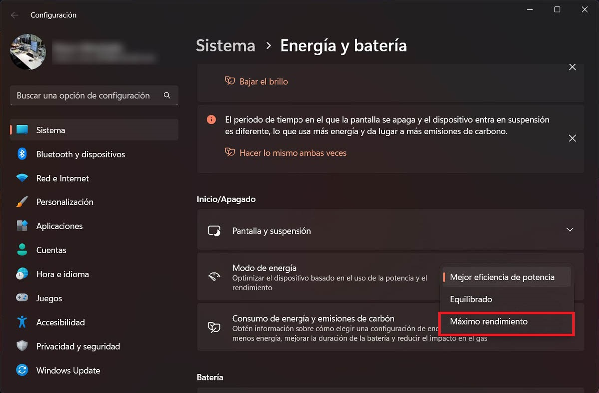 Cambiar modo de energia en Windows 11