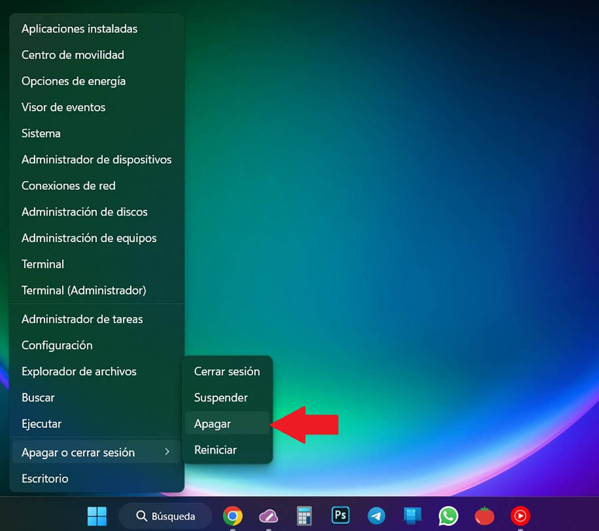 Clic en Apagar en Windows 11