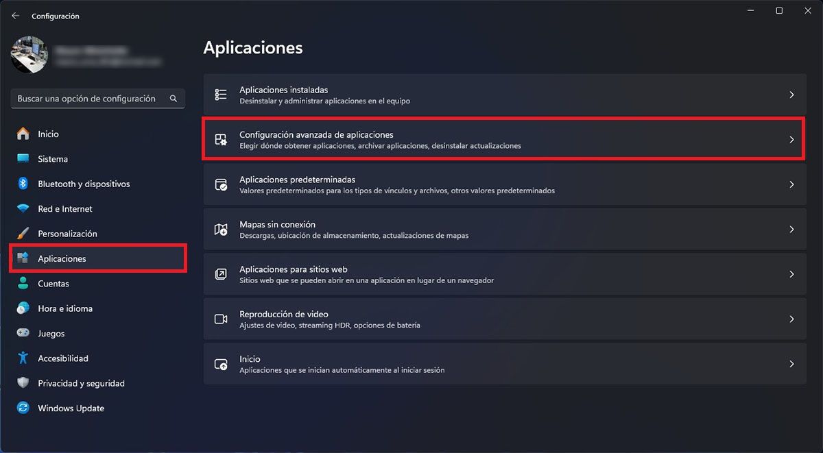 Configuración avanzada de aplicaciones en Windows 11