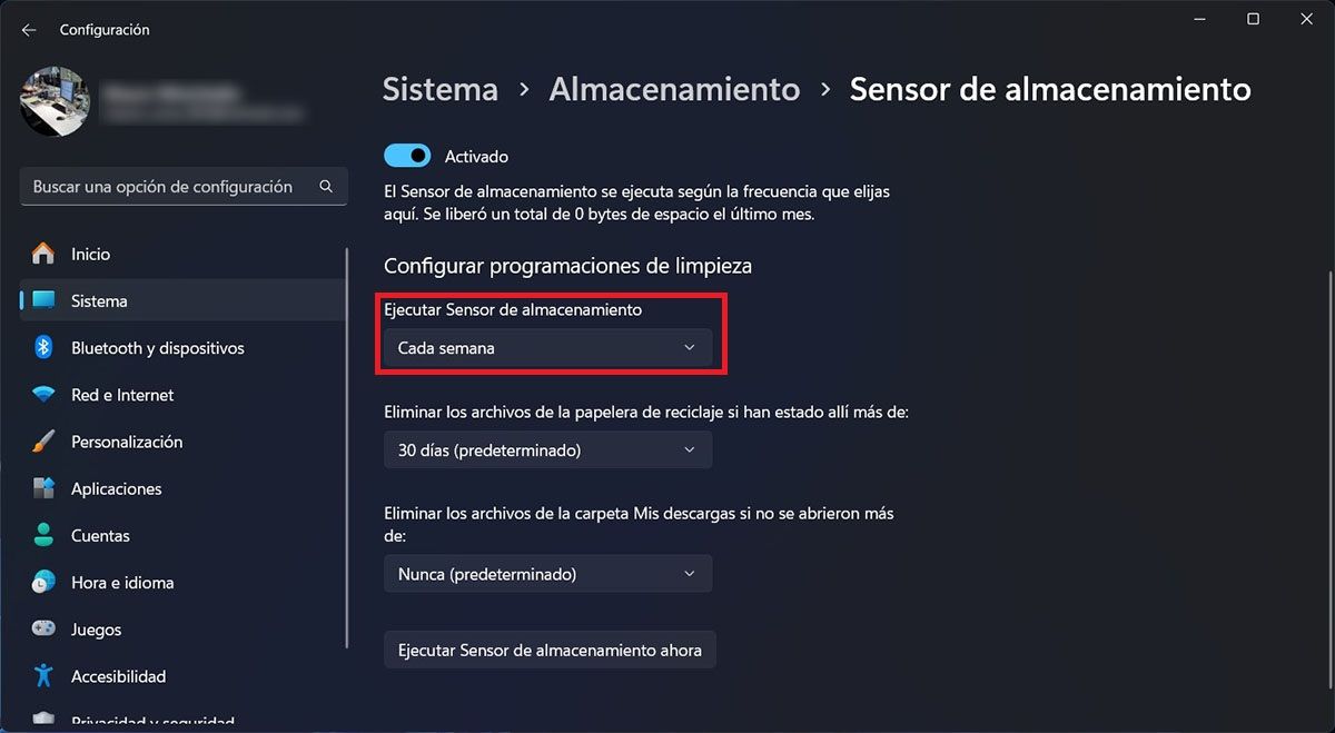 Configurar sensor de almacenamiento Windows 11