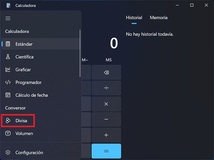 Conversor de divisas calculadora Windows 11