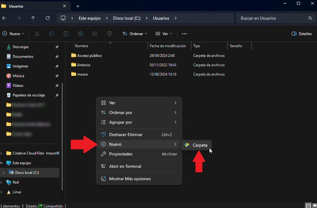 Crear una nueva carpeta en carpeta llamada Usuarios Windows 11