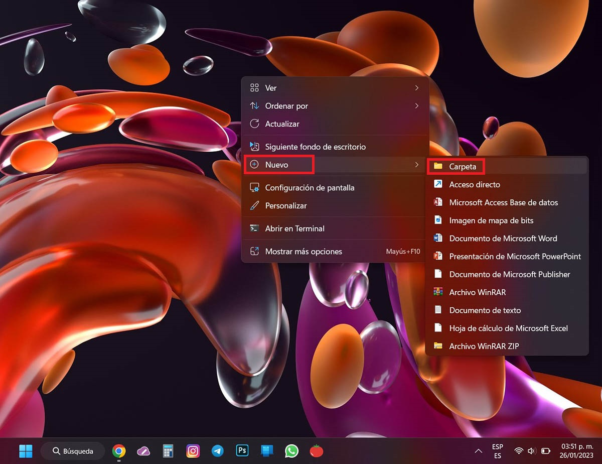 Crear una nueva carpeta en el escritorio de Windows 11