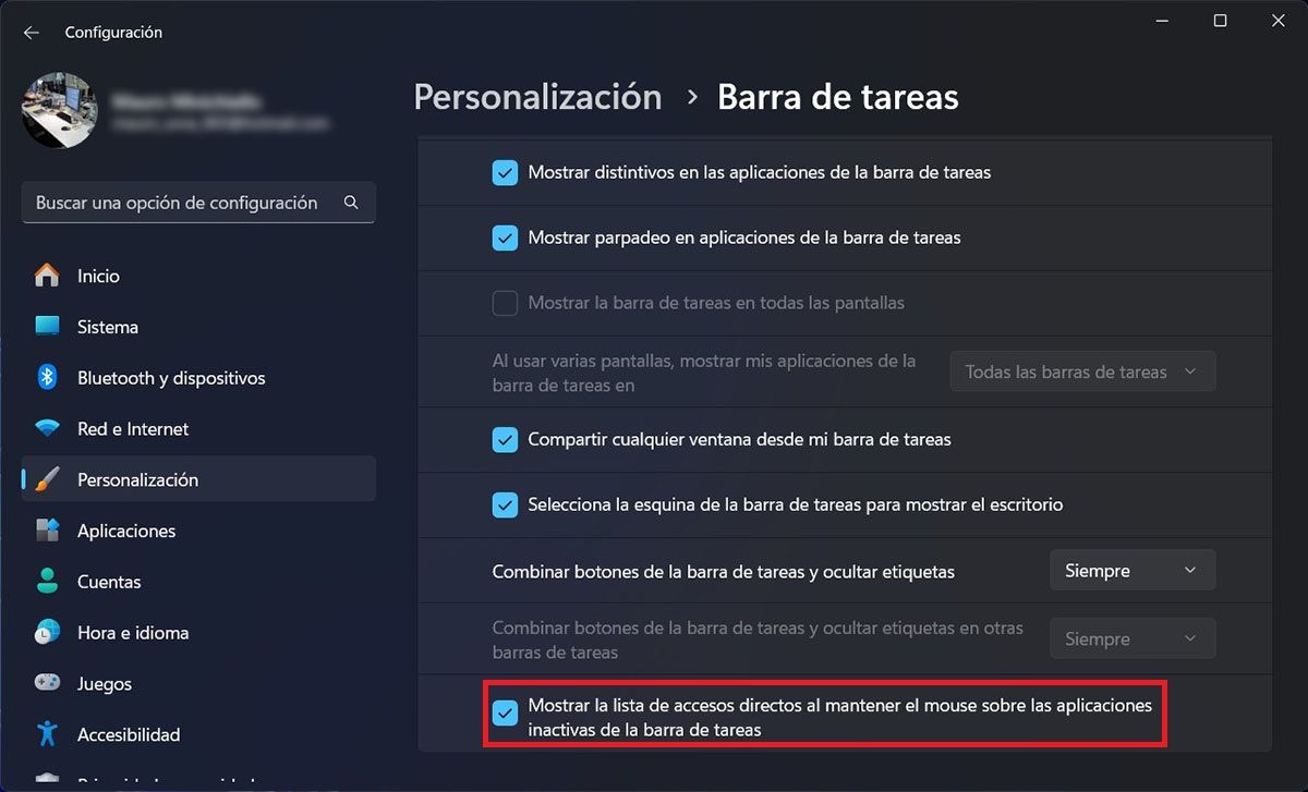 Desactivar accesos directos al mantener el ratón sobre las aplicaciones de la barra de tareas