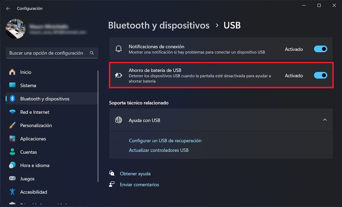 Desactivar ahorro de energía USB Windows 11