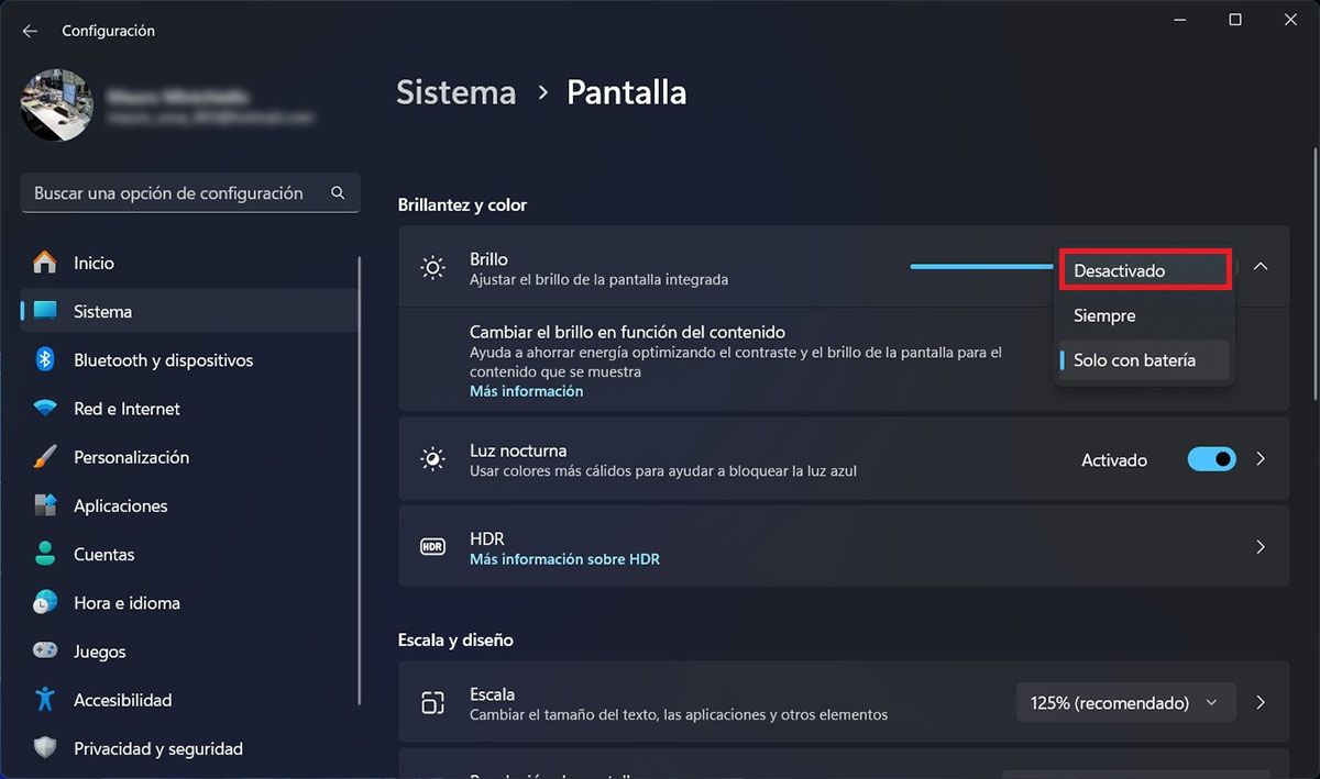 Desactivar brillo automatico pantalla Windows 11