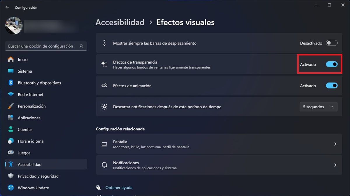 Desactivar los efectos de transparencia Windows 11