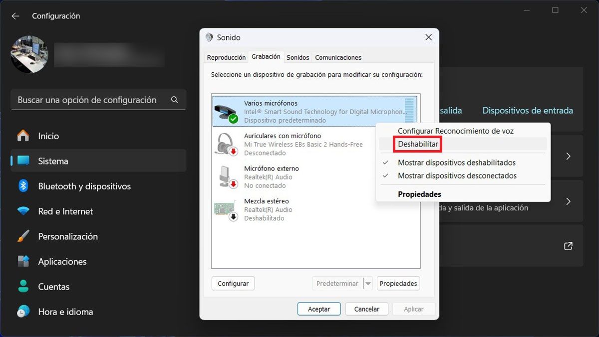 Desactivar microfono portátil Windows 11