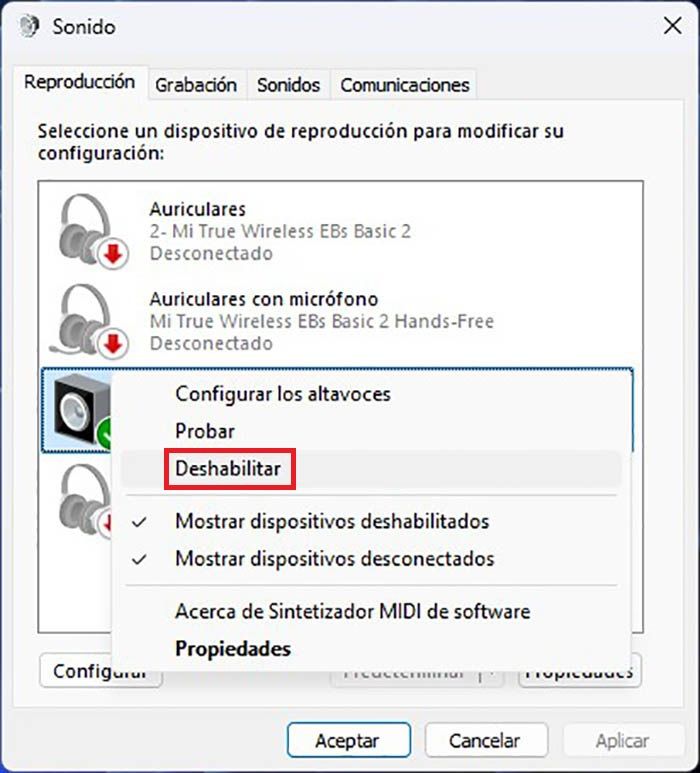 Deshabilitar altavoces portatil Windows 11