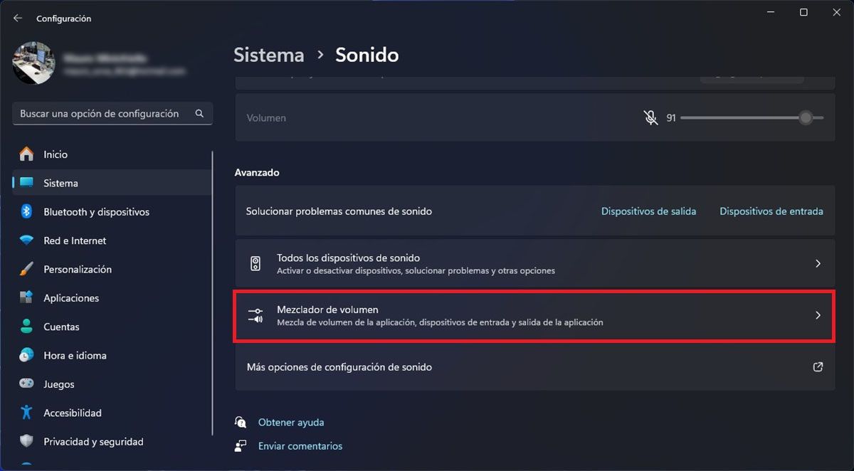 Entrar en el mezclador de volumen de Windows 11