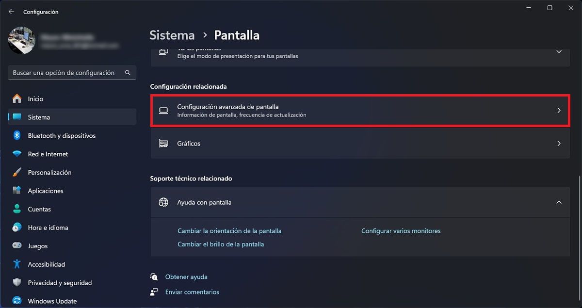 Entrar en la configuración avanzada de pantalla