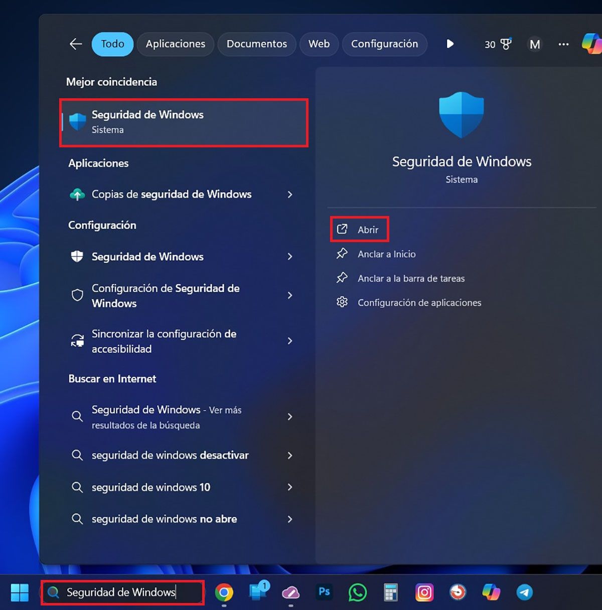 Entrar en los ajustes de seguridad de Windows 11