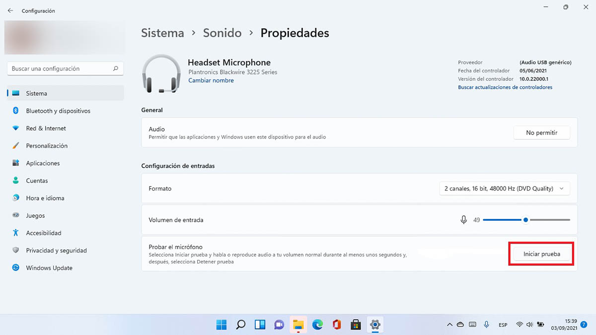 Iniciar prueba de micrófono en Windows 11