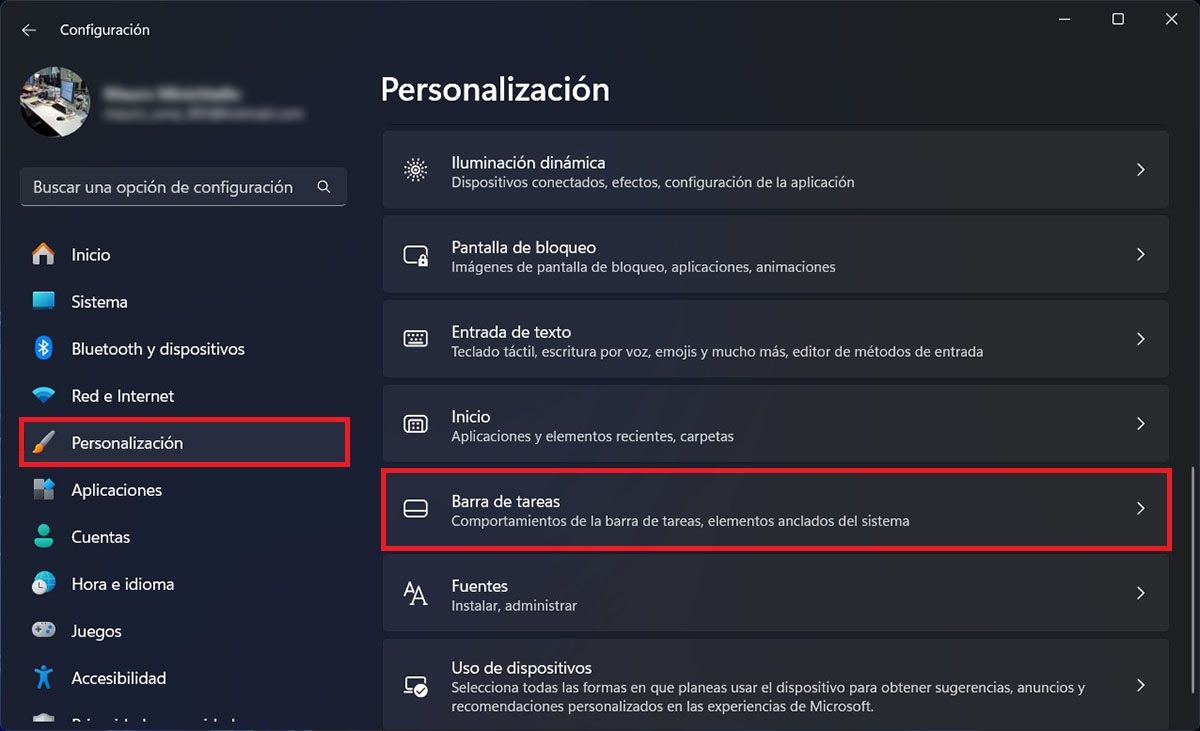 Ir a las opciones de la barra de tareas de Windows 11