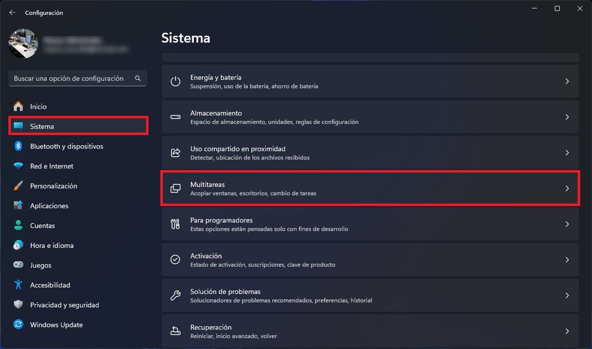 Ir a las opciones de multitarea de Windows 11