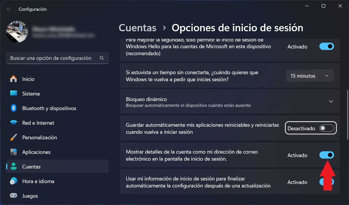 Ocultar direccion de correo electronico pantalla de inicio Windows 11