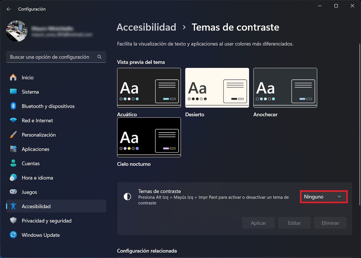 Opciones de contraste Windows 11