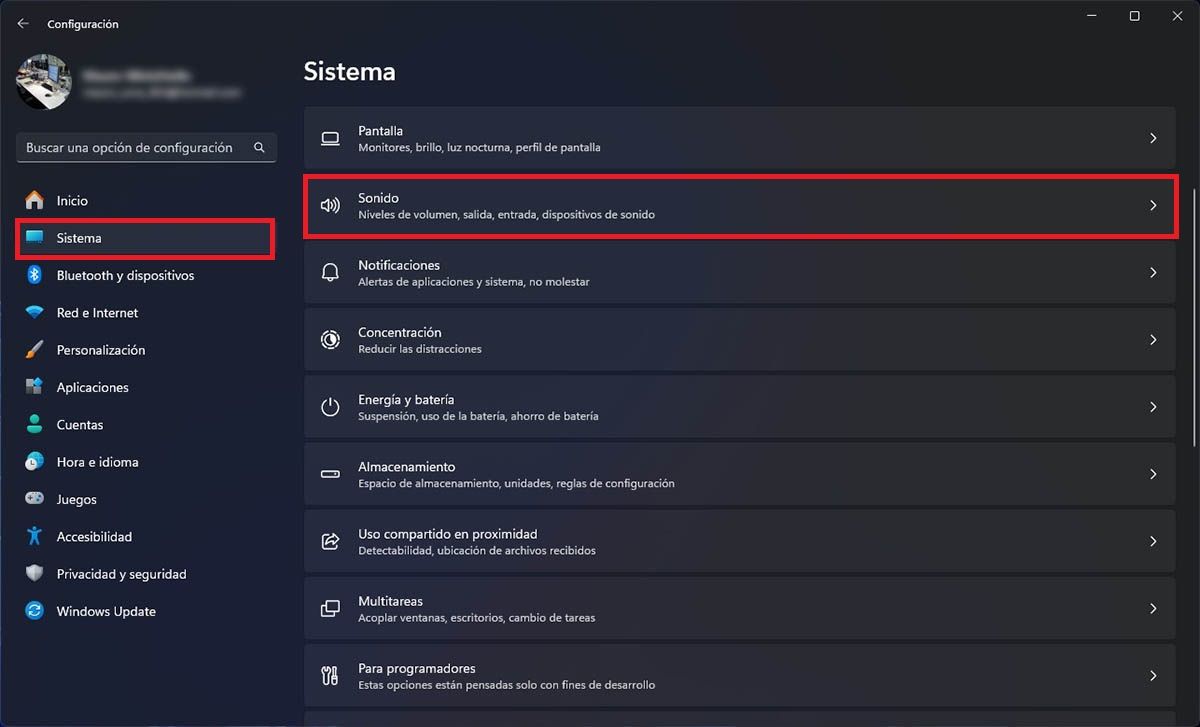 Opciones de sonido del portatil Windows 11