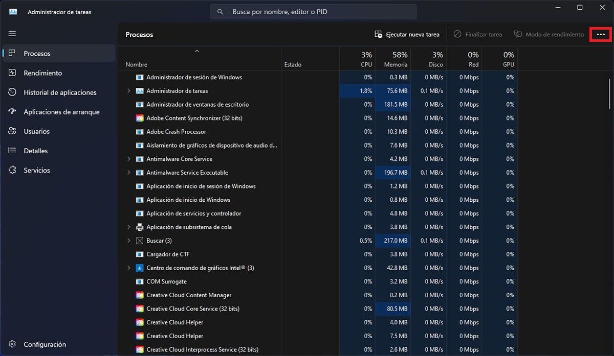 Opciones del administrador de tareas de Windows 11