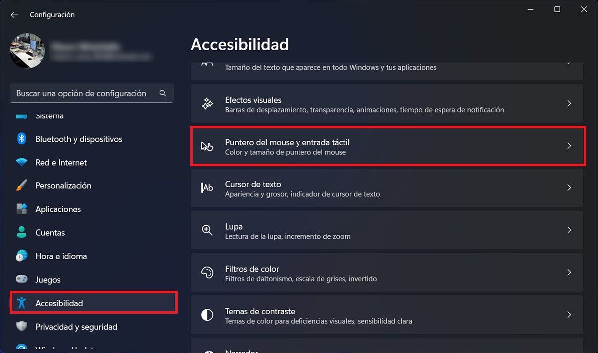 Opciones del puntero del ratón Windows 11