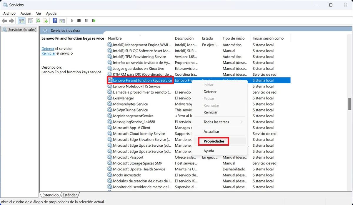Propiedades de Lenovo Fn and function keys service
