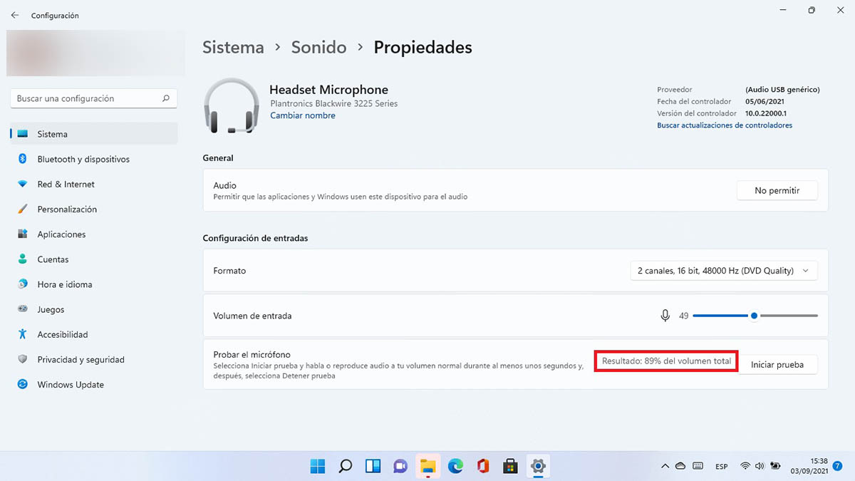 Resultado de la prueba del micrófono en Windows 11