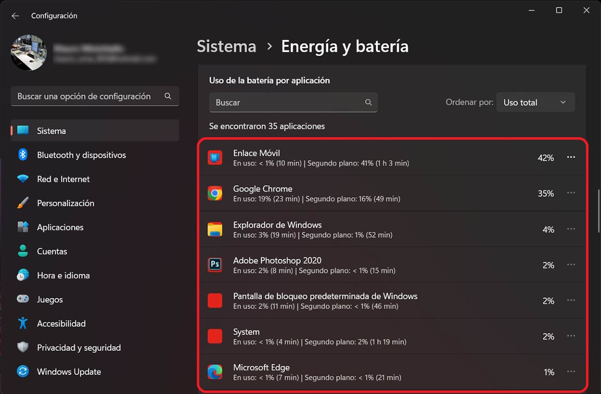 Saber que aplicaciones consumen mas bateria en Windows 11