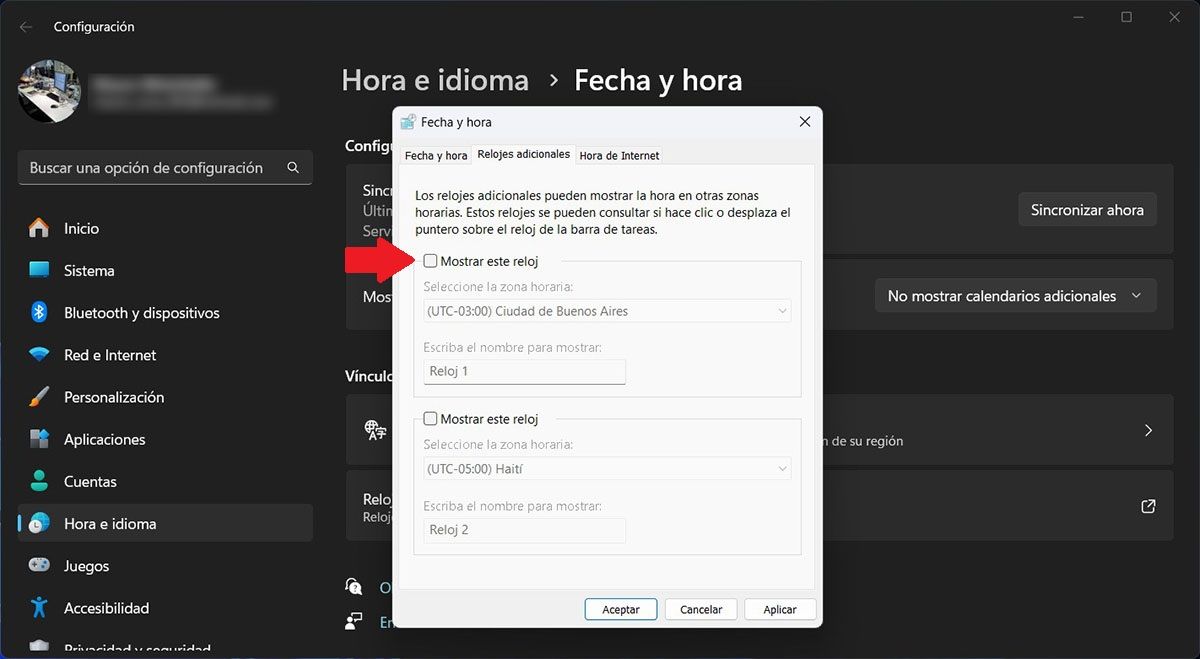 Seleccionar relojes en Windows 11