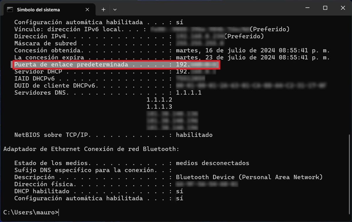 Ver Puerta de enlace predeterminada Windows 11