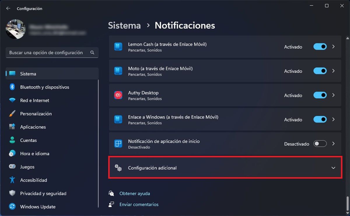 Ver configuración adicional de notificaciones