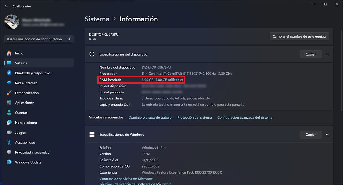 Ver cuanta memoria RAM tiene el PC en Windows 11