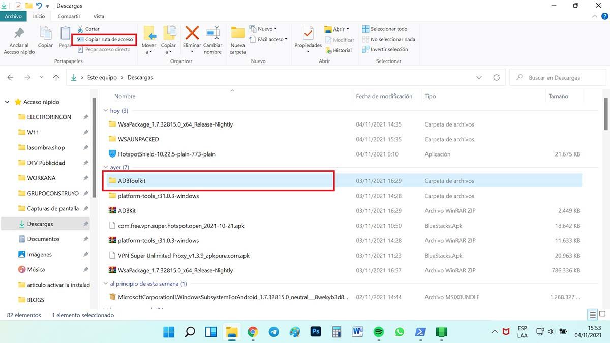 activar la instalación de aplicaciones android en windows 11 adbtoolkit copiar ruta