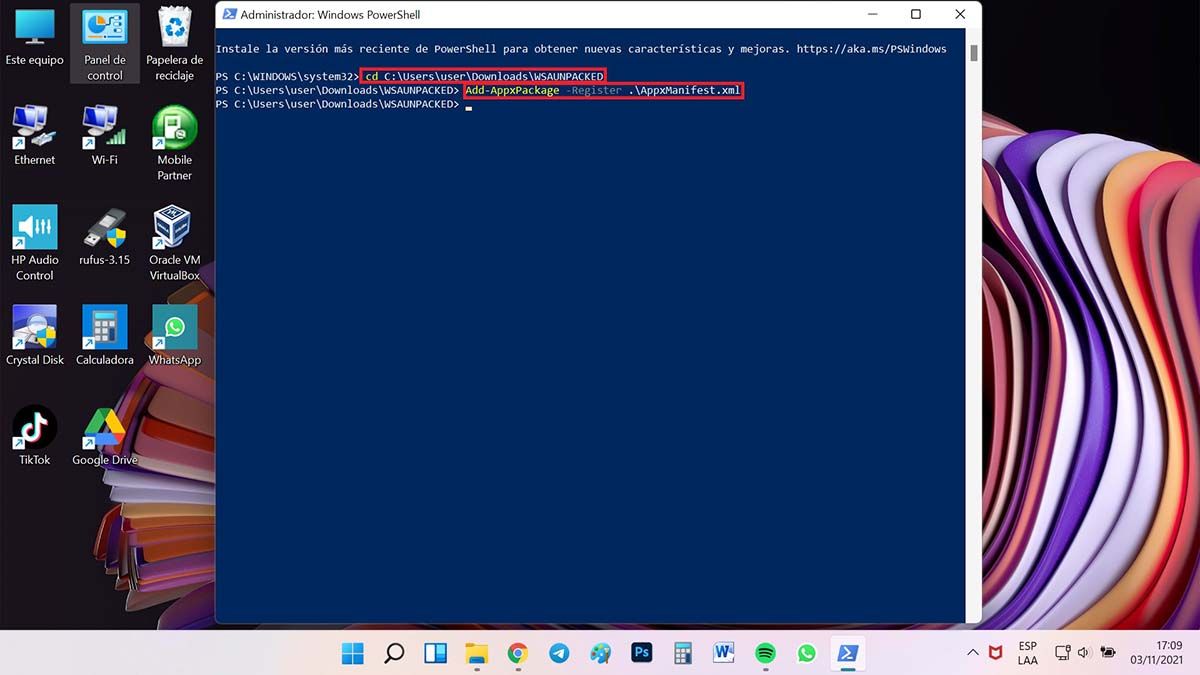 activar la instalación de aplicaciones android en windows 11 instalar wsa powershell